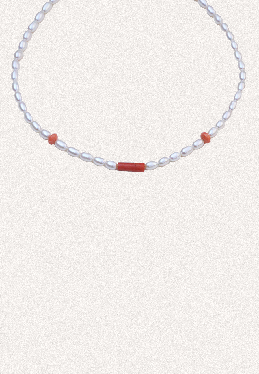 Pearl beaded necklace with Corals - Adriana Chede Jewellery