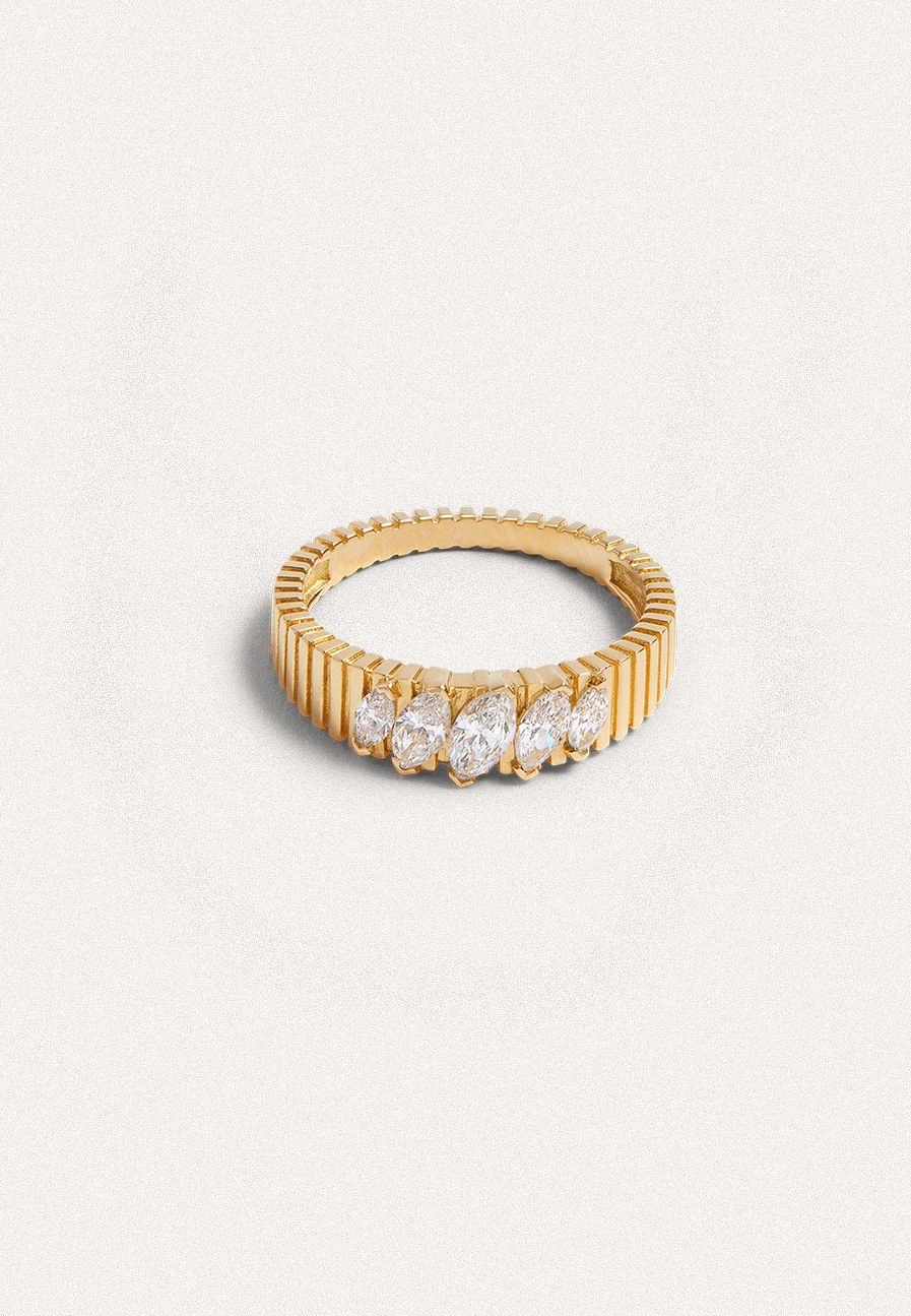 Ribbed Ring with Five Marquise Diamonds - Adriana Chede Jewellery